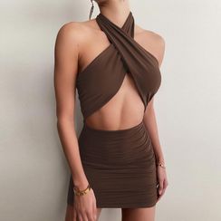 Kobeque - Halter-Neck Cutout Mini Body-Con Dress