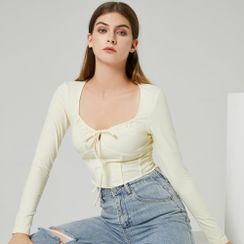 YS by YesStyle - Eco-Friendly Long-Sleeve Front Tie Crop Top