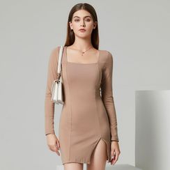 YS by YesStyle - Eco-Friendly Long-Sleeve Bodycon Slit Mini Dress