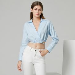 YS by YesStyle - Eco-Friendly Long-Sleeve V-Neck Tie-Waist Wrap Crop Blouse